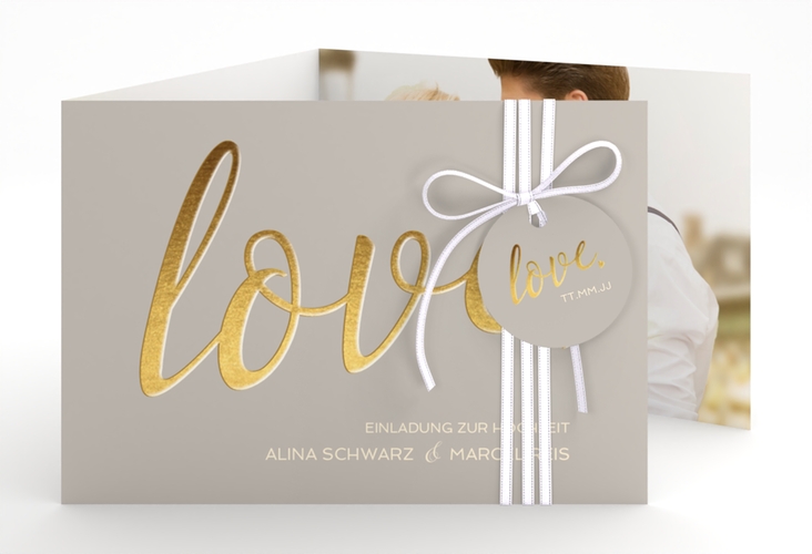Hochzeitseinladung Glam A6 Doppel-Klappkarte grau hochglanz
