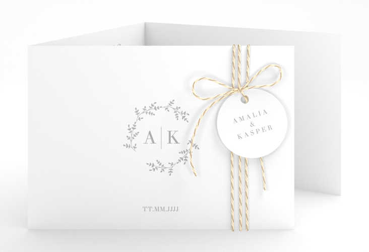 Hochzeitseinladung Filigrana A6 Doppel-Klappkarte grau hochglanz in reduziertem Design mit Initialen und zartem Blätterkranz