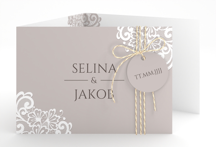 Hochzeitseinladung Vintage A6 Doppel-Klappkarte grau mit floraler Spitze