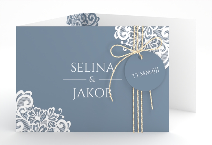 Hochzeitseinladung Vintage A6 Doppel-Klappkarte blau mit floraler Spitze