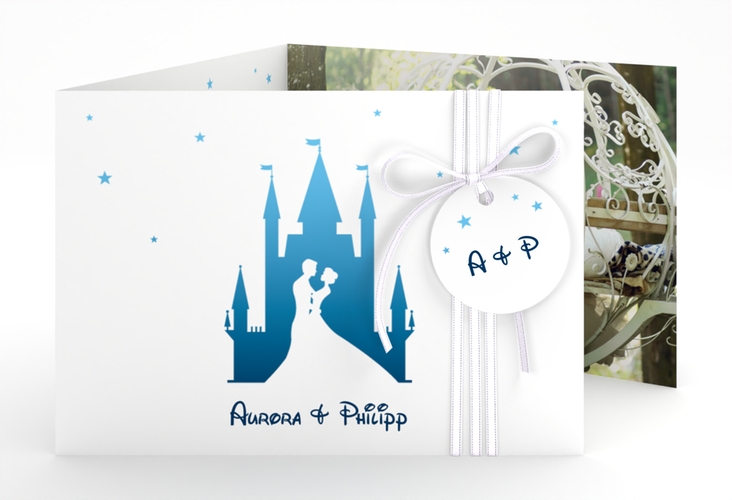 Hochzeitseinladung Castle A6 Doppel-Klappkarte blau