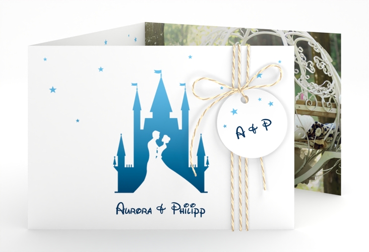 Hochzeitseinladung Castle A6 Doppel-Klappkarte blau