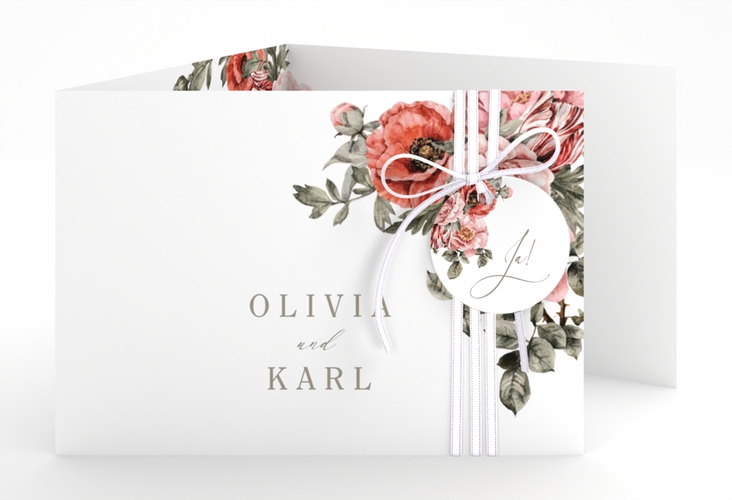Hochzeitseinladung Grazioso A6 Doppel-Klappkarte weiss hochglanz modern mit Mohnblumen und Rosen