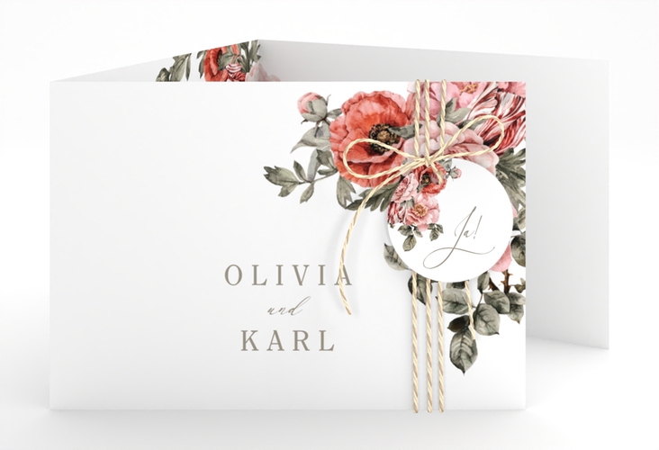 Hochzeitseinladung Grazioso A6 Doppel-Klappkarte weiss hochglanz modern mit Mohnblumen und Rosen