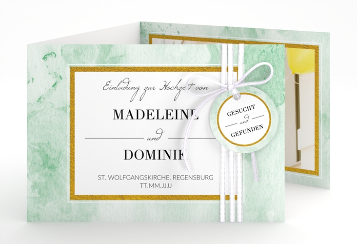 Hochzeitseinladung Marble A6 Doppel-Klappkarte gruen hochglanz