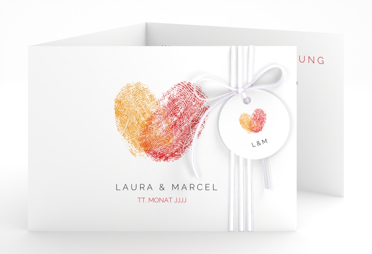 Hochzeitseinladung Fingerprint A6 Doppel-Klappkarte rot hochglanz schlicht mit Fingerabdruck-Motiv