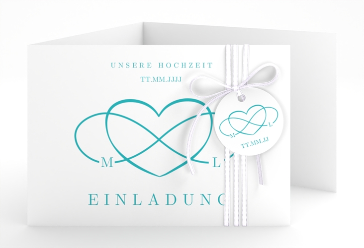 Hochzeitseinladung Infinity A6 Doppel-Klappkarte tuerkis hochglanz
