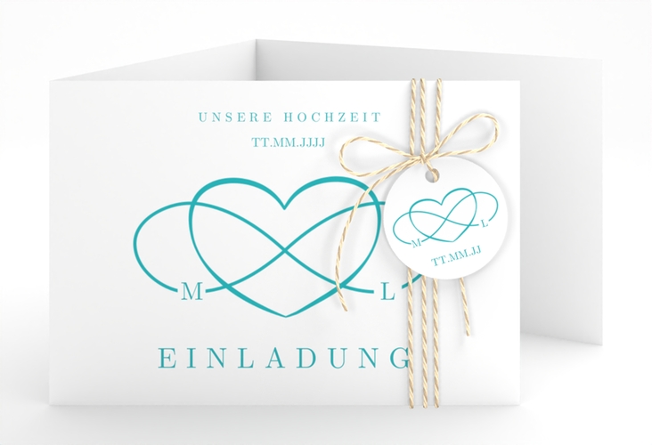 Hochzeitseinladung Infinity A6 Doppel-Klappkarte tuerkis hochglanz