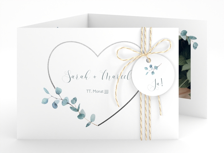Hochzeitseinladung Greenheart A6 Doppel-Klappkarte rosa mit elegantem Herz und Eukalyptus-Zweig