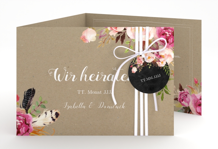 Hochzeitseinladung Flowers A6 Doppel-Klappkarte Kraftpapier hochglanz mit bunten Aquarell-Blumen