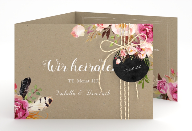 Hochzeitseinladung Flowers A6 Doppel-Klappkarte Kraftpapier hochglanz mit bunten Aquarell-Blumen