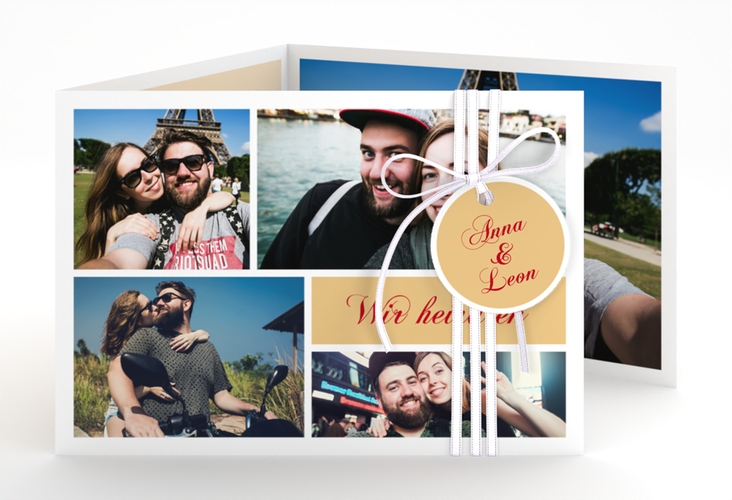Hochzeitseinladung Collage A6 Doppel-Klappkarte apricot
