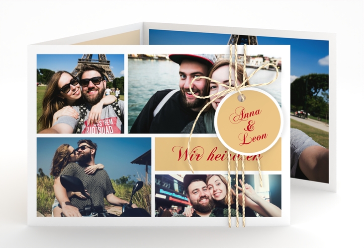Hochzeitseinladung Collage A6 Doppel-Klappkarte apricot