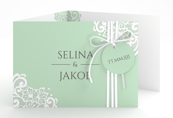Hochzeitseinladung Vintage A6 Doppel-Klappkarte mint mit floraler Spitze