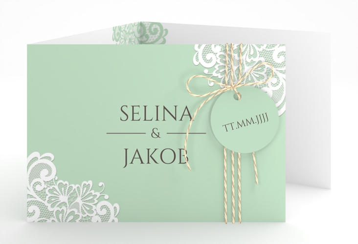 Hochzeitseinladung Vintage A6 Doppel-Klappkarte mint mit floraler Spitze
