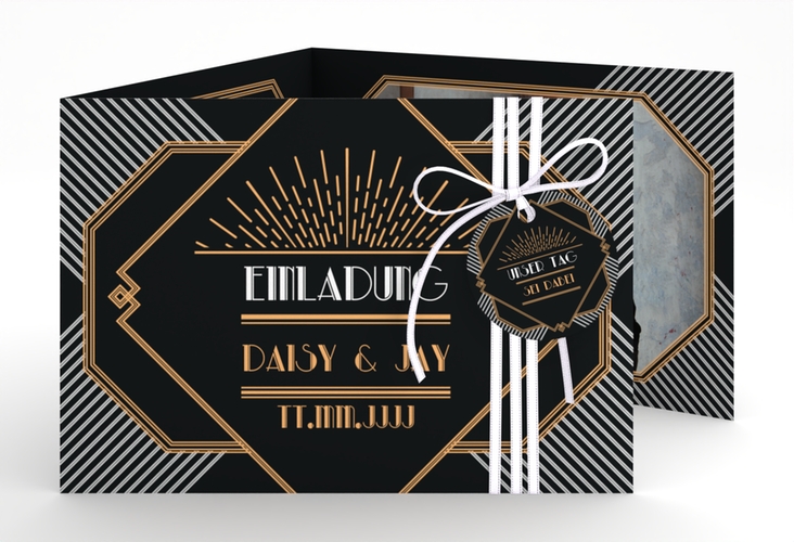 Hochzeitseinladung Gatsby A6 Doppel-Klappkarte schwarz im 20er-Jahre-Stil