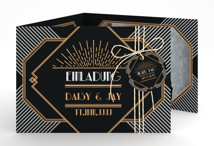 Hochzeitseinladung Gatsby A6 Doppel-Klappkarte schwarz im 20er-Jahre-Stil
