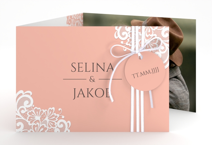 Hochzeitseinladung Vintage A6 Doppel-Klappkarte apricot mit floraler Spitze