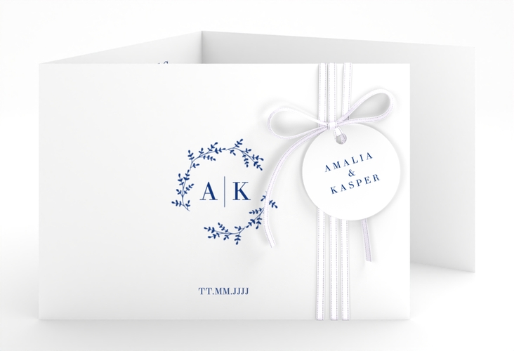Hochzeitseinladung Filigrana A6 Doppel-Klappkarte blau hochglanz in reduziertem Design mit Initialen und zartem Blätterkranz