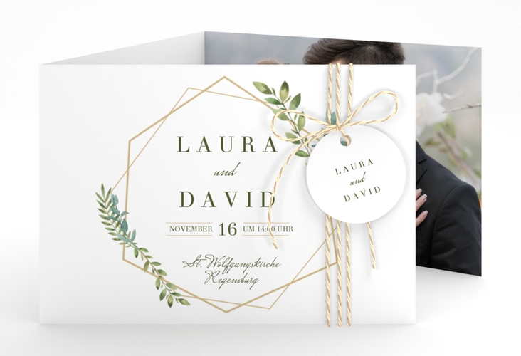 Hochzeitseinladung Herbarium A6 Doppel-Klappkarte gold mit geometrischem Rahmen und Blätter-Dekor