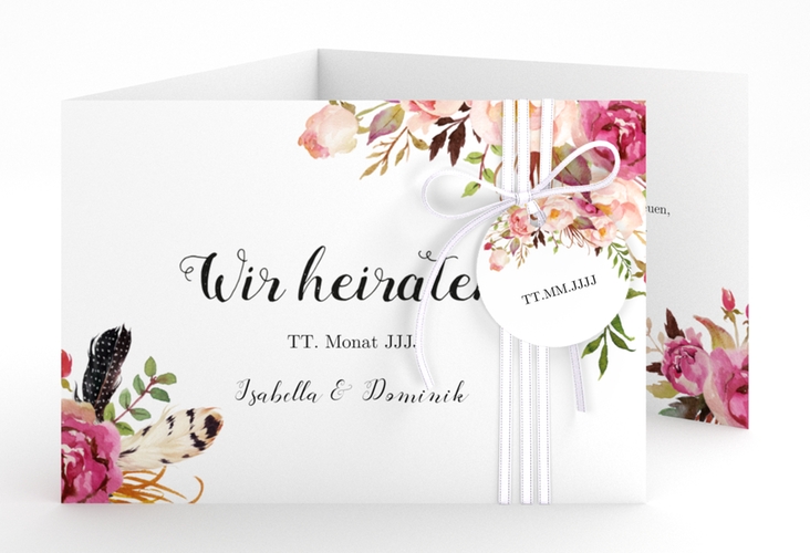 Hochzeitseinladung Flowers A6 Doppel-Klappkarte weiss hochglanz mit bunten Aquarell-Blumen