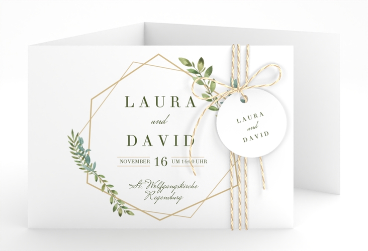 Hochzeitseinladung Herbarium A6 Doppel-Klappkarte gold mit geometrischem Rahmen und Blätter-Dekor