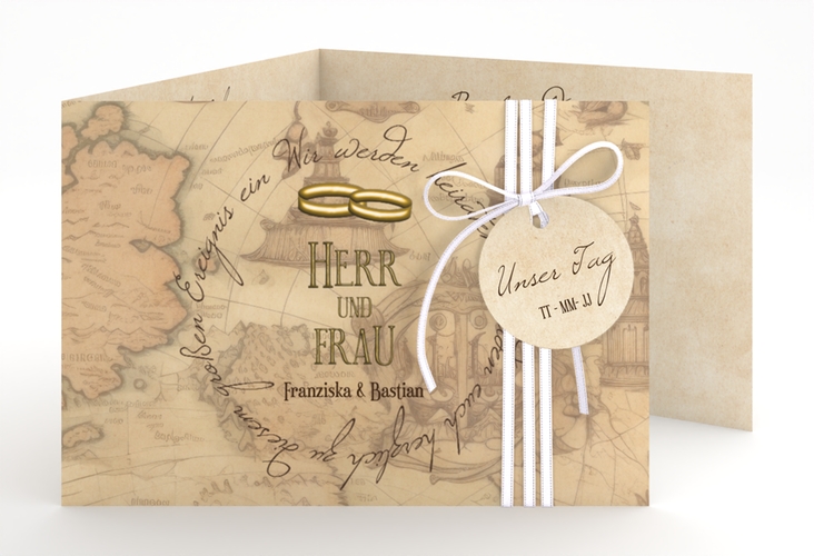 Hochzeitseinladung Zwei Ringe A6 Doppel-Klappkarte mit Eheringen und Fantasy-Landkarte