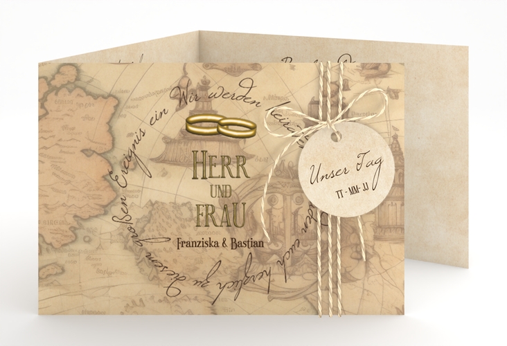Hochzeitseinladung Zwei Ringe A6 Doppel-Klappkarte beige mit Eheringen und Fantasy-Landkarte