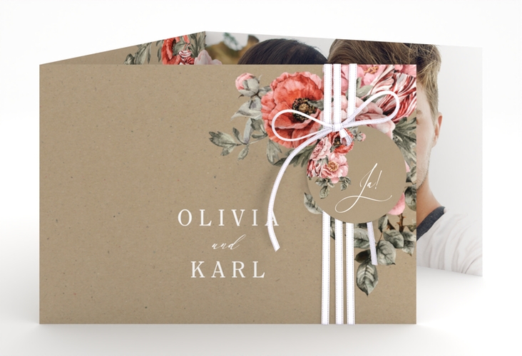 Hochzeitseinladung Grazioso A6 Doppel-Klappkarte Kraftpapier modern mit Mohnblumen und Rosen