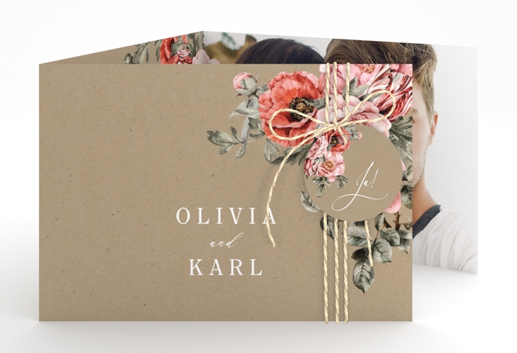 Hochzeitseinladung Grazioso A6 Doppel-Klappkarte Kraftpapier modern mit Mohnblumen und Rosen
