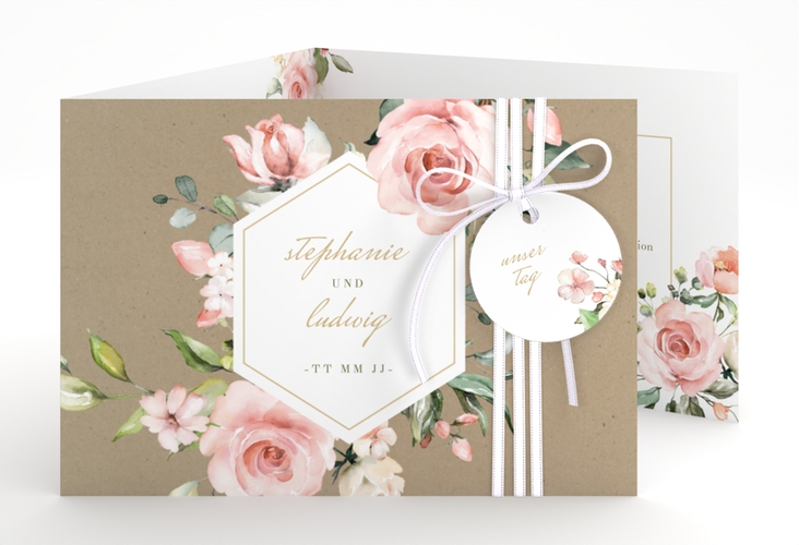 Hochzeitseinladung Graceful A6 Doppel-Klappkarte hochglanz mit Rosenblüten in Rosa und Weiß