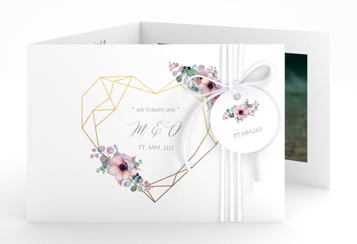 Hochzeitseinladung Herzgold A6 Doppel-Klappkarte weiss hochglanz