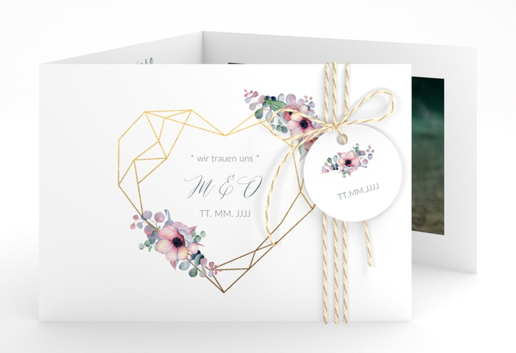 Hochzeitseinladung Herzgold A6 Doppel-Klappkarte weiss hochglanz