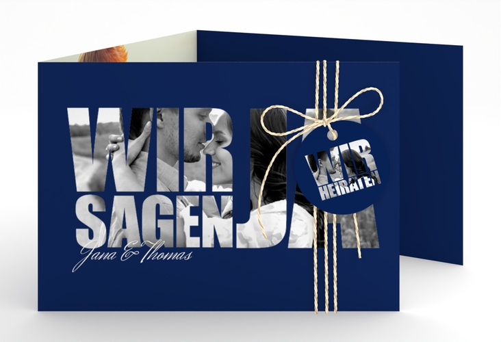 Hochzeitseinladung Letters A6 Doppel-Klappkarte blau hochglanz