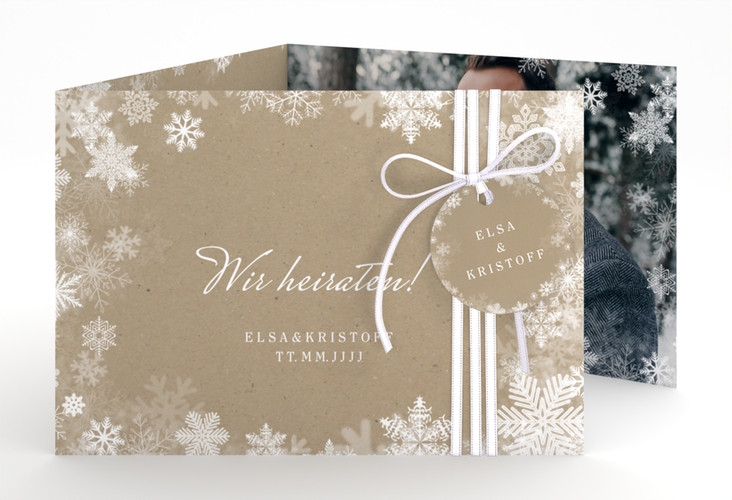 Hochzeitseinladung Snowfall A6 Doppel-Klappkarte Kraftpapier mit Schneeflocken für Winterhochzeit