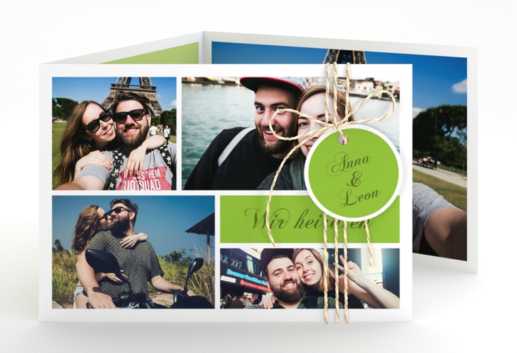 Hochzeitseinladung Collage A6 Doppel-Klappkarte gruen