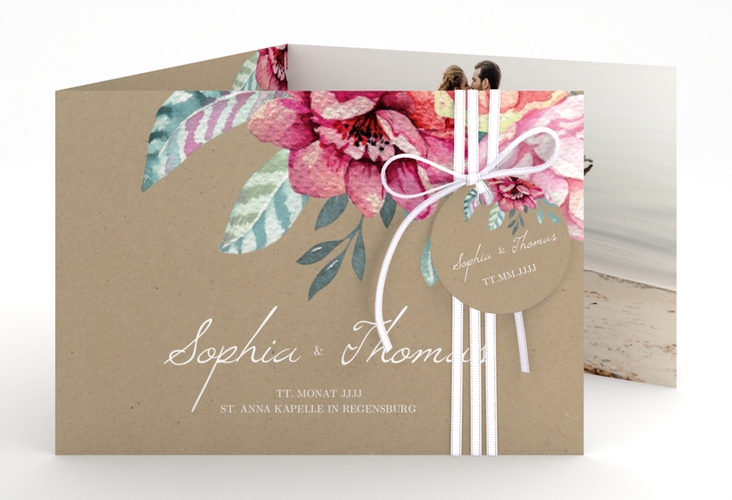 Hochzeitseinladung Blooming A6 Doppel-Klappkarte Kraftpapier