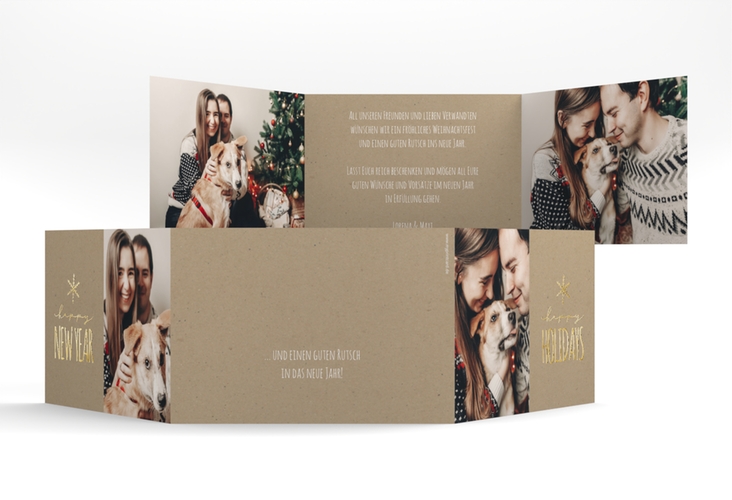 Weihnachtskarte Holidays A6 Doppel-Klappkarte Kraftpapier gold