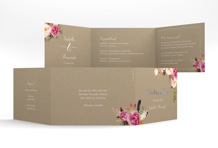 Hochzeitseinladung Flowers A6 Doppel-Klappkarte Kraftpapier silber mit bunten Aquarell-Blumen