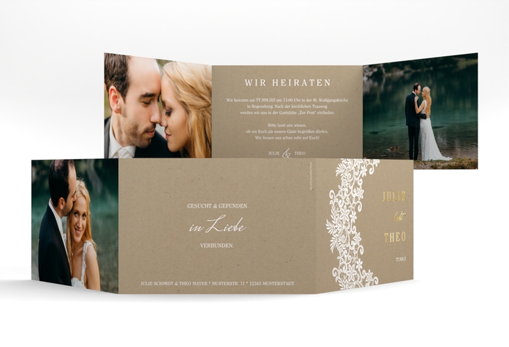 Hochzeitseinladung Mariage A6 Doppel-Klappkarte Kraftpapier gold mit Bogen aus weißer Spitze