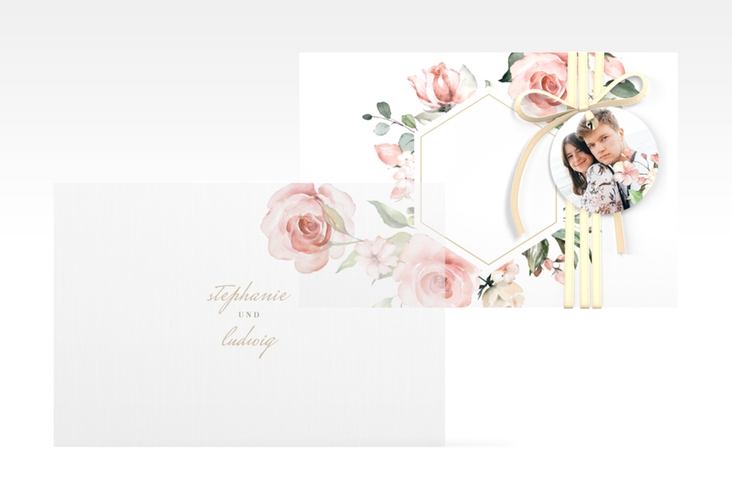 Save the Date Deckblatt Transparent Graceful A6 Deckblatt transparent weiss hochglanz mit Rosenblüten in Rosa und Weiß