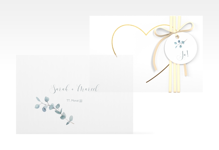 Save the Date Deckblatt Transparent "Greenheart" DIN A6 Deckblatt transparent gold mit elegantem Herz und Eukalyptus-Zweig