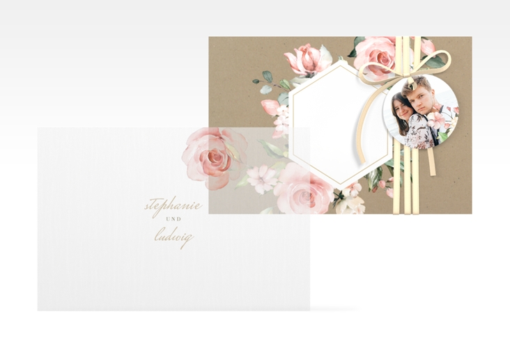 Save the Date Deckblatt Transparent Graceful A6 Deckblatt transparent Kraftpapier mit Rosenblüten in Rosa und Weiß
