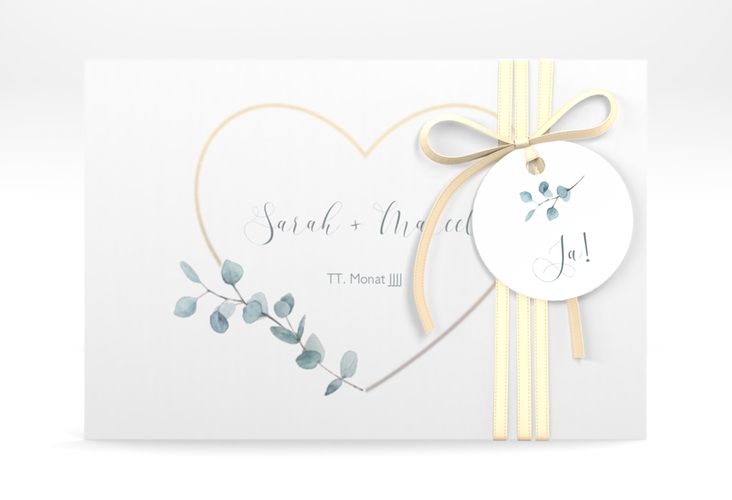 Save the Date Deckblatt Transparent "Greenheart" DIN A6 Deckblatt transparent gold mit elegantem Herz und Eukalyptus-Zweig