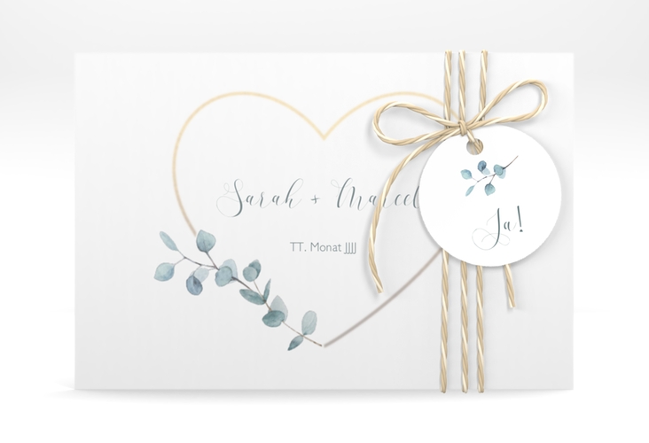 Save the Date Deckblatt Transparent "Greenheart" DIN A6 Deckblatt transparent gold mit elegantem Herz und Eukalyptus-Zweig