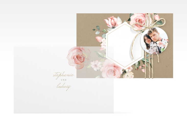 Save the Date Deckblatt Transparent Graceful A6 Deckblatt transparent hochglanz mit Rosenblüten in Rosa und Weiß