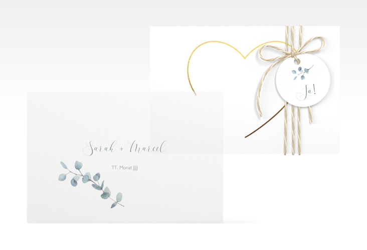 Save the Date Deckblatt Transparent "Greenheart" DIN A6 Deckblatt transparent gold mit elegantem Herz und Eukalyptus-Zweig