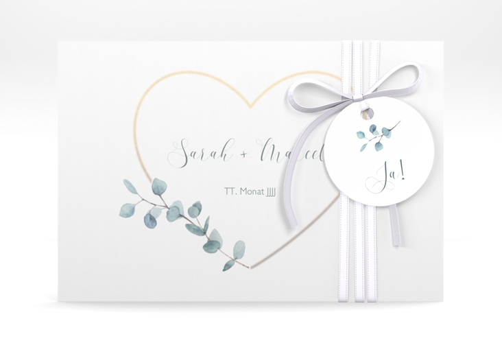 Save the Date Deckblatt Transparent "Greenheart" DIN A6 Deckblatt transparent gold mit elegantem Herz und Eukalyptus-Zweig