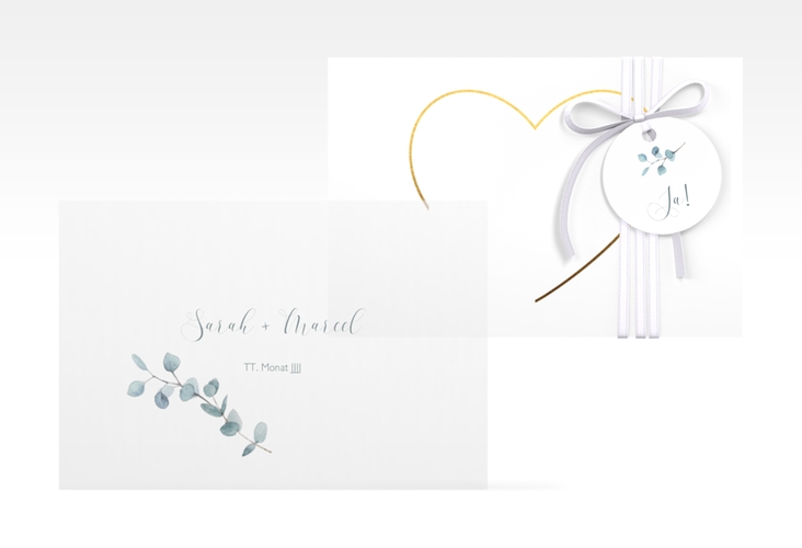 Save the Date Deckblatt Transparent "Greenheart" DIN A6 Deckblatt transparent gold mit elegantem Herz und Eukalyptus-Zweig