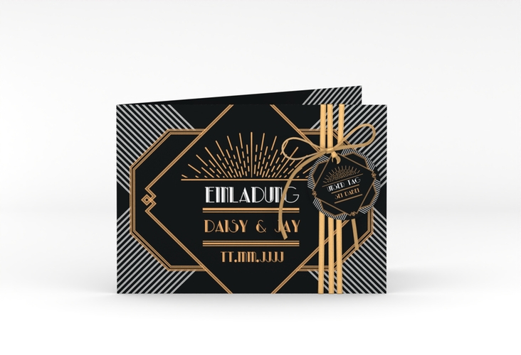 Hochzeitseinladung Gatsby A6 Klappkarte quer schwarz im 20er-Jahre-Stil